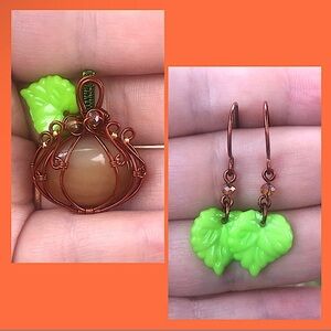 Whimsical Wire Wrapped Onyx Pumpkin Pendant Necklace Earrings Set Handmade OOAK